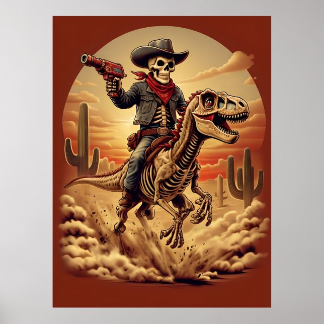 Póster Skeleton Cowboy montando Poster de dinosaurios - S (Frente)