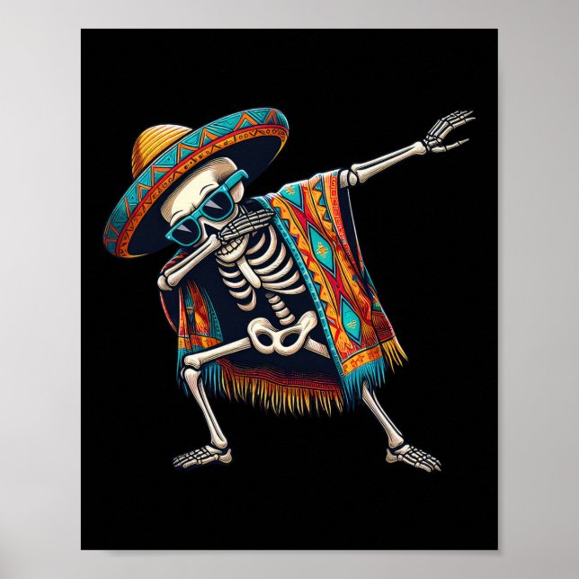 Póster Skeleton Dabbing Sombrero Poncho Cinco De Mayo Mex (Frente)