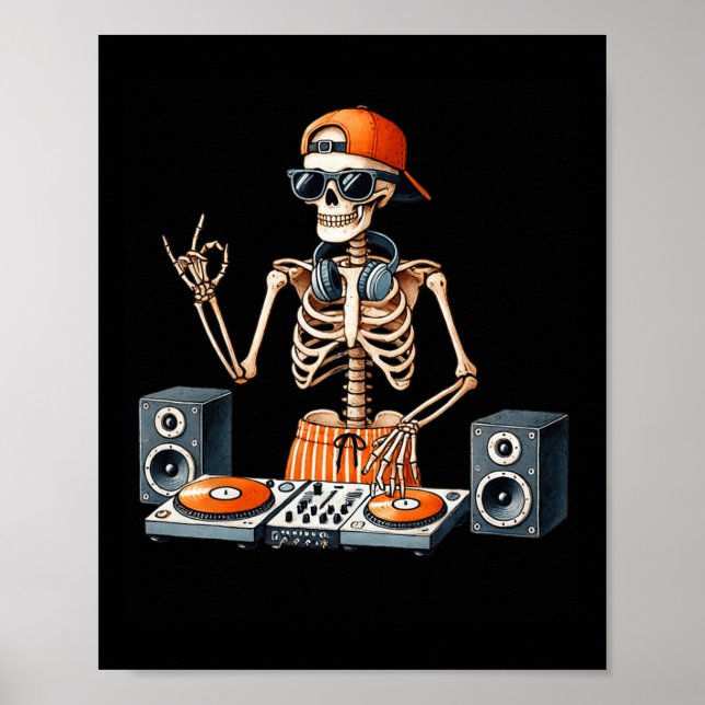 Póster Skeleton Dj Halloween Costume Turntable Music Funn (Frente)