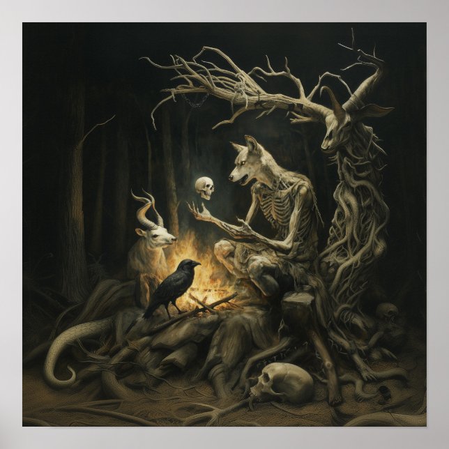 Póster Skeleton Dog Moon Witchy AI Art Mateo Valor (Frente)