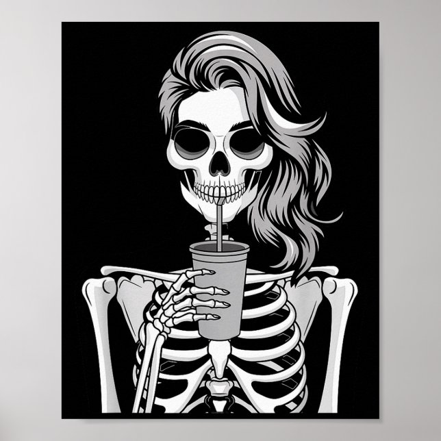 Póster Skeleton Drinking Beverage Monochrome Gothic Hallo (Frente)