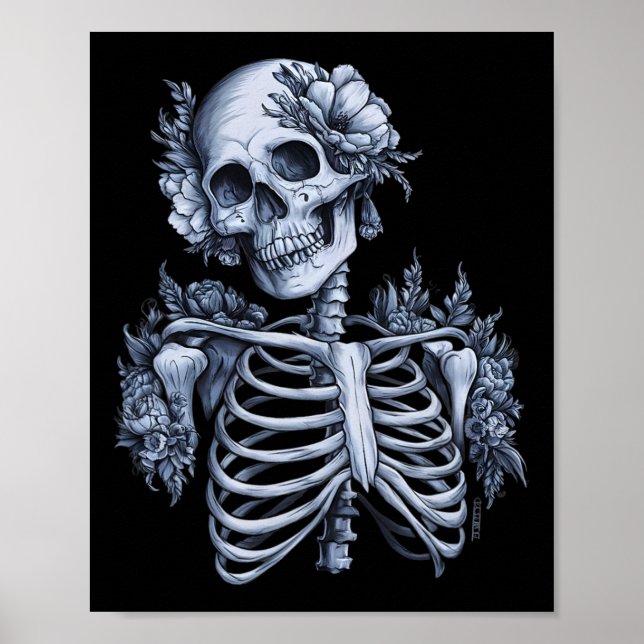 Póster Skeleton Floral Skull Halloween Cebada gótica (Frente)
