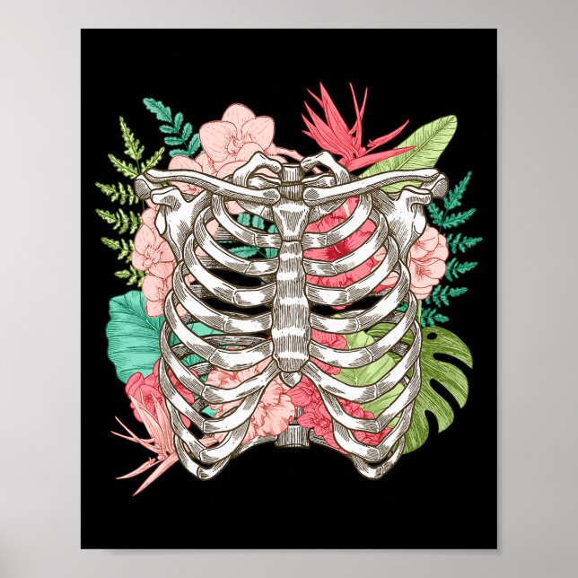 Póster Skeleton Flowers Rib Cage X-ray Funny Halloween  (Frente)