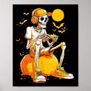 Póster Skeleton Gamer Divertido video juegos Halloween Bo