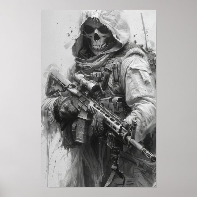 Póster Skeleton Grim Reaper con Poster de rifle de asalto (Frente)