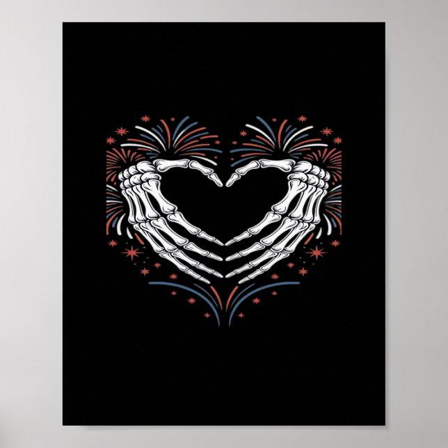 Póster Skeleton Hand Heart 4De Eeuu Patriótico Americano (Frente)