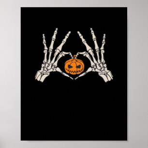 Póster Skeleton Hand Heart And Pumpkin Funny Skull Hallow