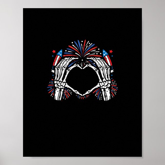 Póster Skeleton Hand Heart Estados Unidos Patriótico Amer (Frente)