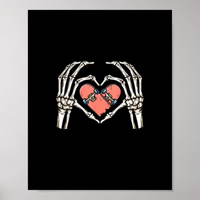 Póster Skeleton Hand Heart Skateboard Día de San Valentín (Frente)