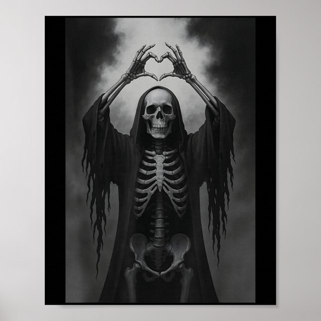 Póster Skeleton Hands Heart Sign Scary Face Funny Hallowe (Frente)