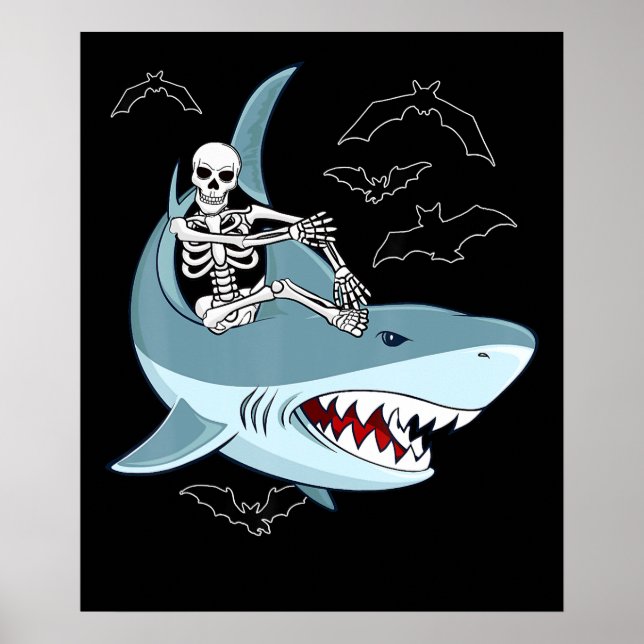 Póster Skeleton montando tiburones Chicas divertidos de H (Frente)