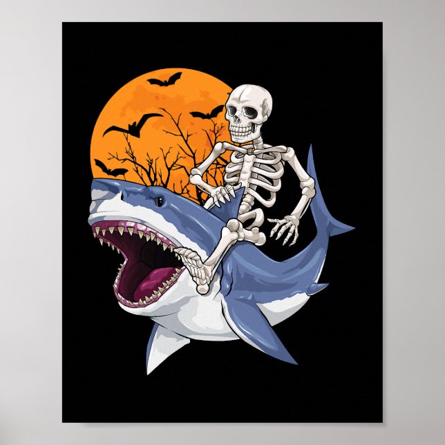 Póster Skeleton montando tiburones Graciosos disfraces de (Frente)