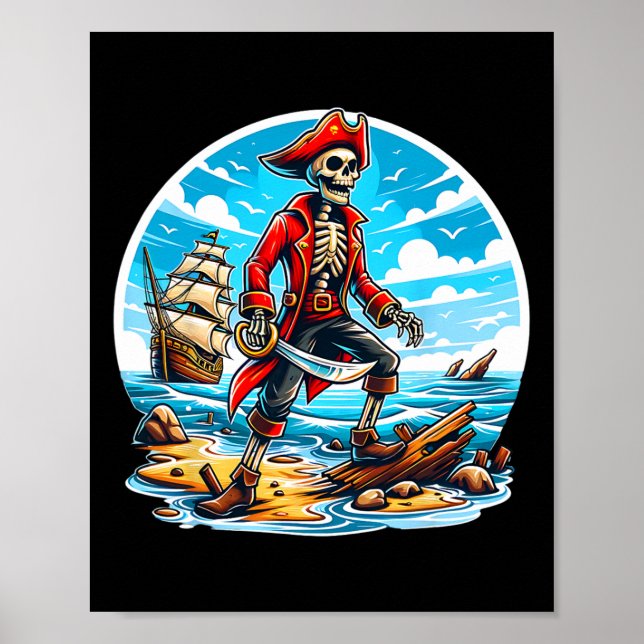 Póster Skeleton Pirate Tee Skull Halloween Skeleton Pirat (Frente)