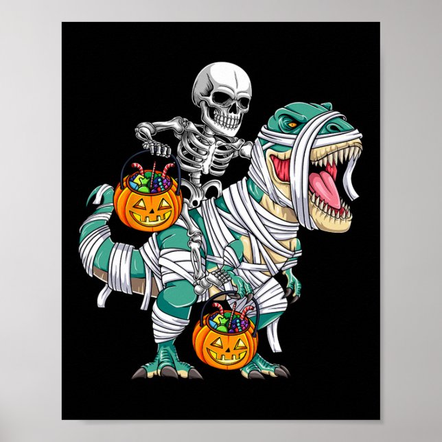 Póster Skeleton Riding Dinosaur T Rex Fun Niños Hallo (Frente)