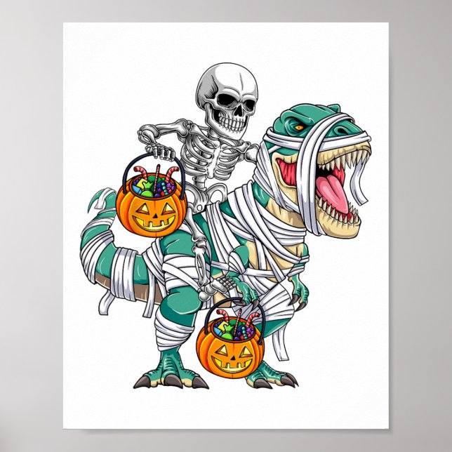 Póster Skeleton Riding Dinosaur T Rex Fun Niños Hallo (Frente)