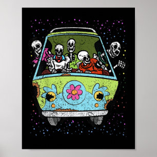 Póster Skeleton Riding Hippie Van Halloween Costume Retro