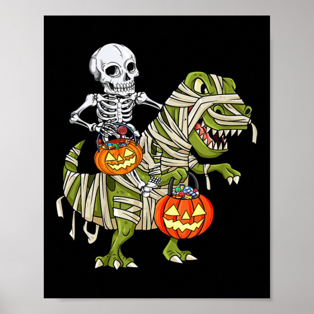 Póster Skeleton Riding Mummy Dinosaur T Rex Halloween Div (Frente)