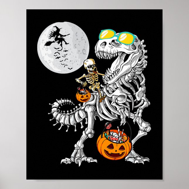 Póster Skeleton Riding Mummy Dinosaur T Rex Halloween Div (Frente)