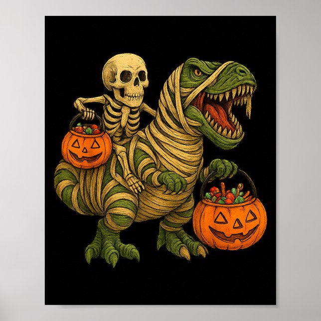 Póster Skeleton Riding Mummy Dinosaur T Rex Halloween Fun (Frente)