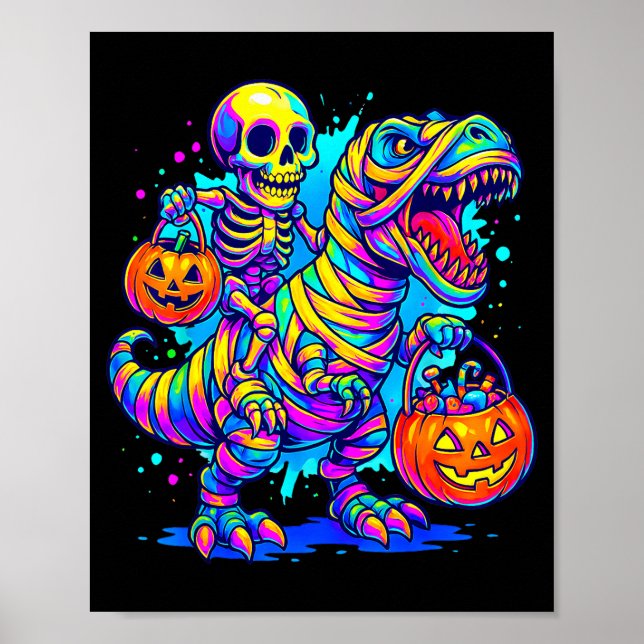 Póster Skeleton Riding Mummy Dinosaur T Rex Halloween Fun (Frente)