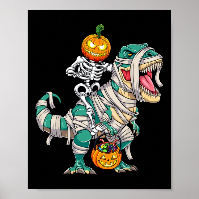 Póster Skeleton Riding Mummy Dinosaur T rex Halloween Pum (Frente)