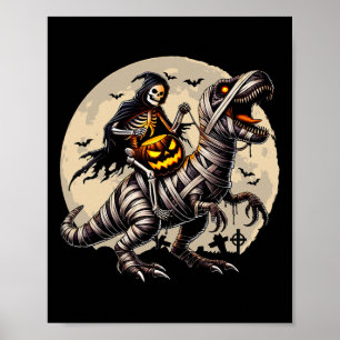 Póster Skeleton Riding Mummy Dinosaur T Rex Pumpkin Funny