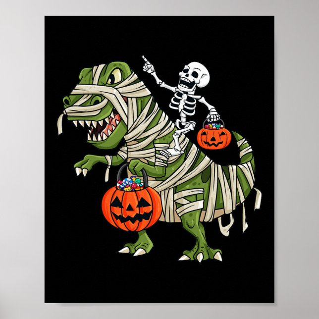 Póster Skeleton Riding Mummy T Rex Halloween Chicas K (Frente)