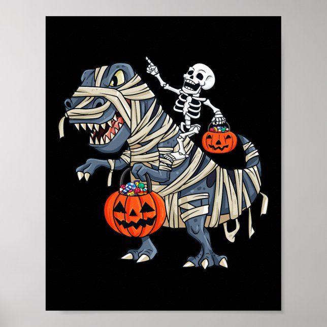 Póster Skeleton Riding Mummy T Rex Halloween Chicas K (Frente)