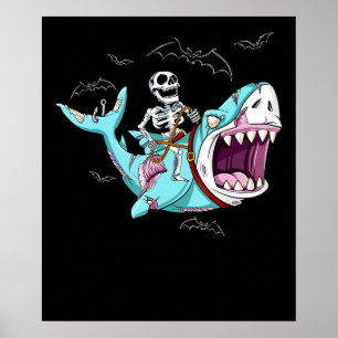 Póster Skeleton Riding Zombie Shark Gracioso regalo de Ha