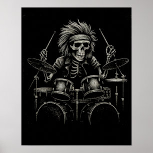 Póster Skeleton Rock Drummer - Música de Halloween con fa
