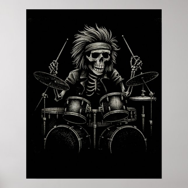Póster Skeleton Rock Drummer - Música de Halloween con fa (Frente)