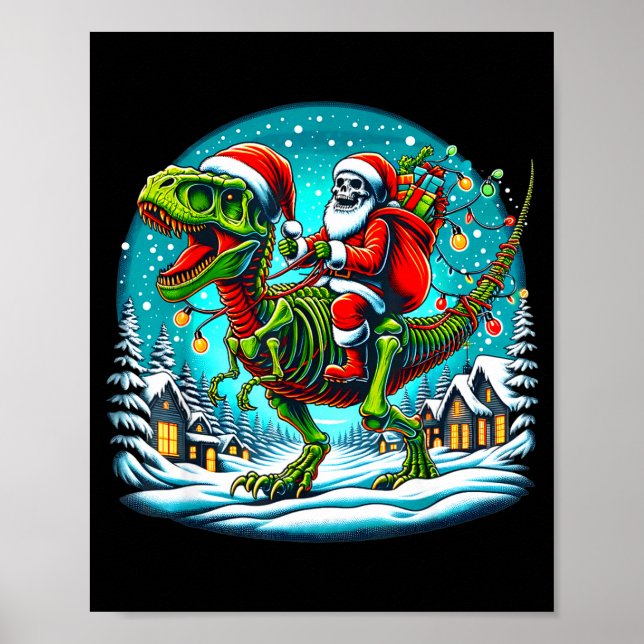Póster Skeleton Santa Riding T Rex Dinosaur Funny Christm (Frente)