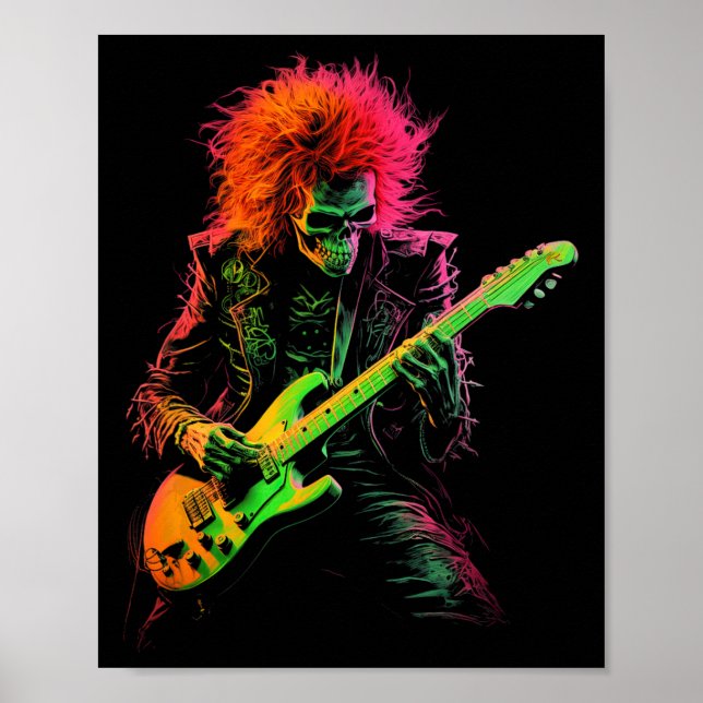 Póster Skeleton Tee Gráfica Tocando Rock De Guitarra Y Ha (Frente)