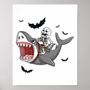 Póster Skeleton viajando tiburones asustan a los chicos d