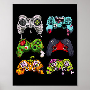 Póster Skeleton Zombie Gaming Controllers Halloween Gamer