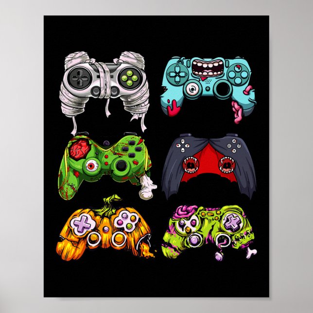 Póster Skeleton Zombie Gaming Controllers Halloween Gamer (Frente)