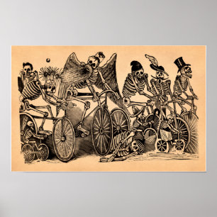 Póster Skeletons (Calaveras) Riding Bicycles Poster