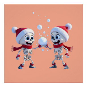 Póster Skeletons divertidos de Santa teniendo una batalla