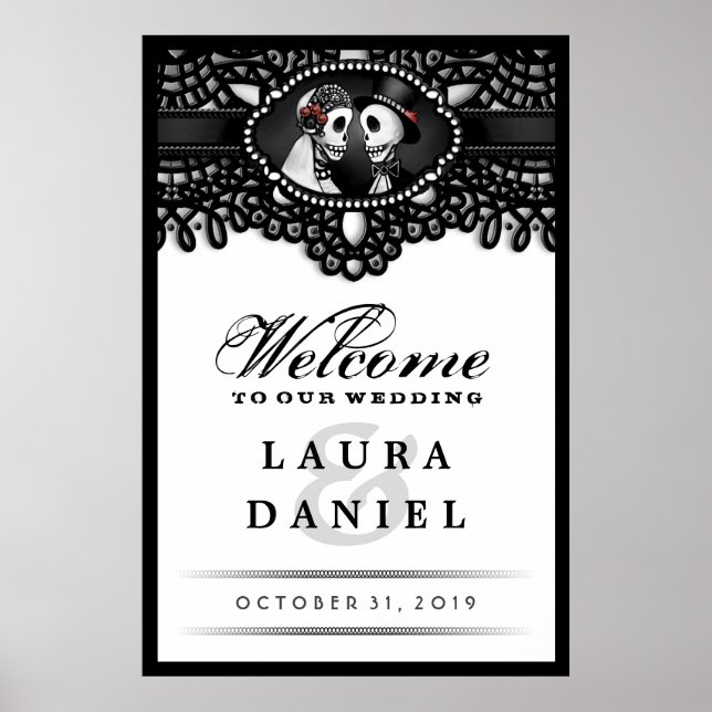 Póster Skeletons Elegant Black & White Welcome to Wedding (Frente)