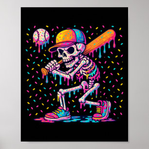 Póster Skelton jugando béisbol Halloween béisbol Drip B