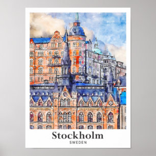 Póster Sketch de acuarela de viajes de Estocolmo en Sueci