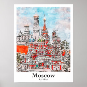 Póster Sketch de acuarela sobre la arquitectura de Moscú