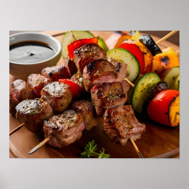 Póster Skewewers de carne a la parrilla y Shish Kebab (Frente)