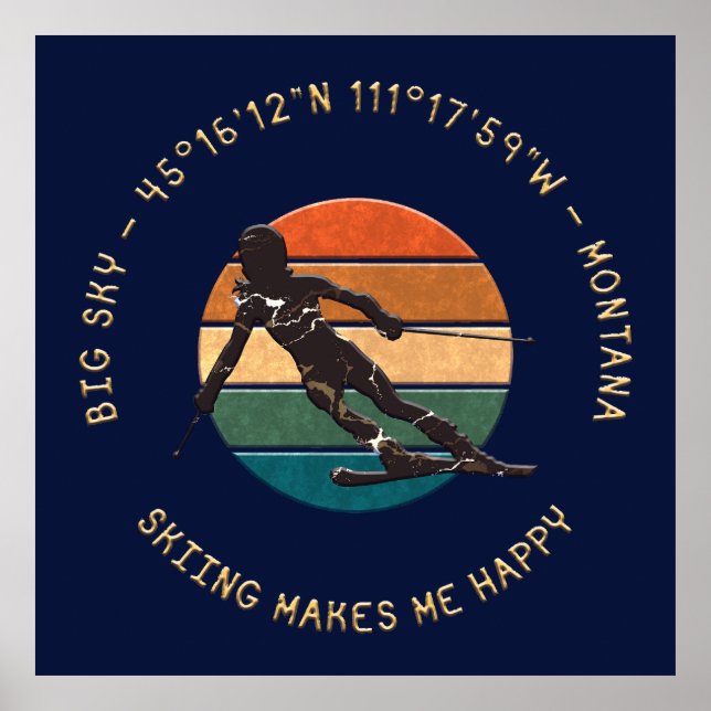 Póster Ski Big Sky, Montana - Esquiadora, Golden Text (Frente)