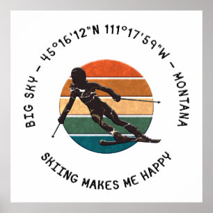 Póster Ski Big Sky, Montana - Esquiadora, texto negro