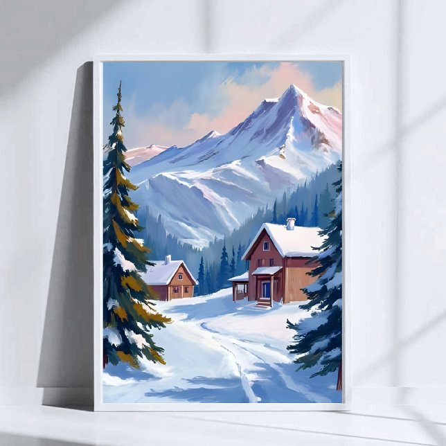 Póster Ski Cabin Mountain Landscape Watercolor Winter (Subido por el creador)