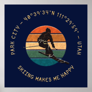 Póster Ski Park City, Utah - Man Skip Golden Text