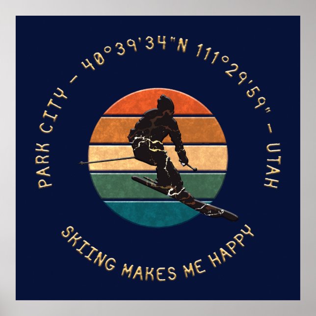 Póster Ski Park City, Utah - Man Skip Golden Text (Frente)