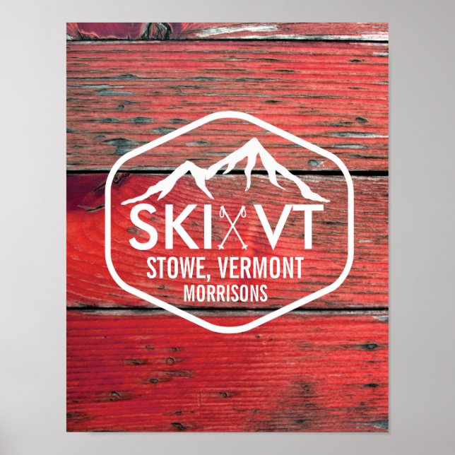 Póster Ski Vermont Stowe Killington Stratton Red Barnwood (Frente)