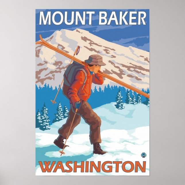Póster Skier Carrying Snow Skis - Mount Baker, WA (Frente)